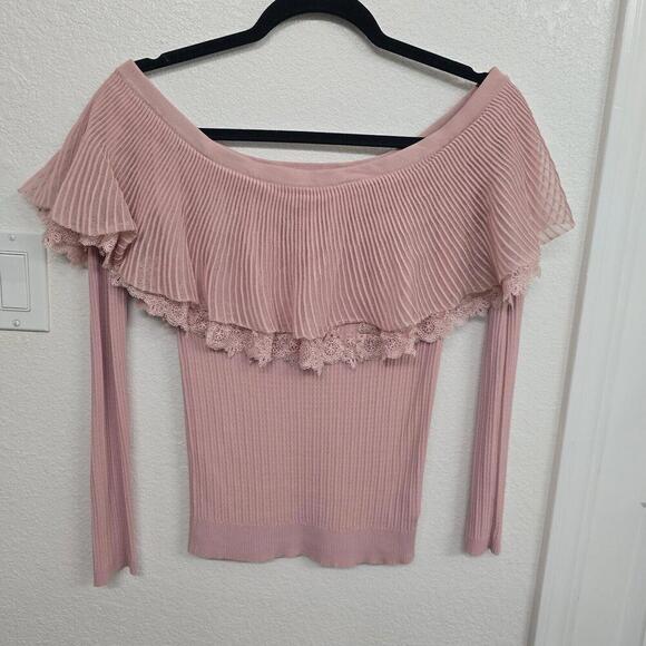 ENGLISH FACTORY Lightweight OFF-THE-SHOULDER Mesh/Lace Pink Sweater Size S - Picture 2 of 9